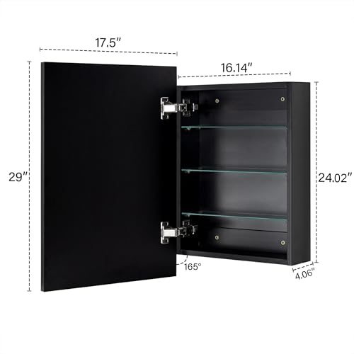 Image of TEHOME 17.5'' x 29'' Black Recessed and Surface Mount Bathroom Medicine Cabinet with Mirror Matt Black Square Cornered Metal Framed Rounded Rectangle Medicine Cabinet Mirror