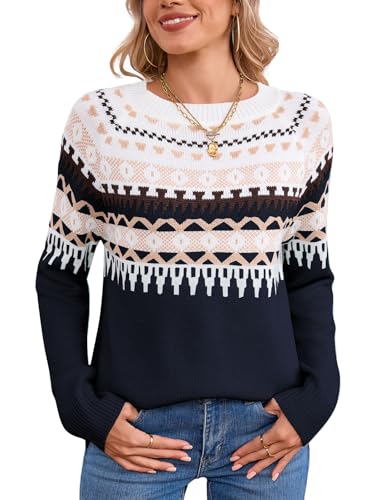 Image of Women's Fair Isle Sweater Crew Neck Long Sleeve Heart Sweater Vintage Tops