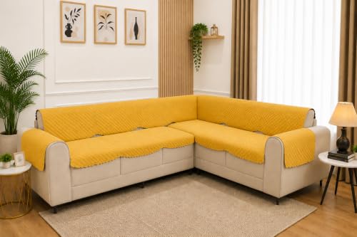 Image of 7 Seater L-Shape Sofa Cover with Arm Covers, Quilted Texture, Sectional Couch Protector for Living Room-Pack of 15 (Yellow)