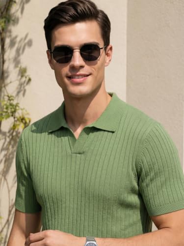 Image of Veirdo Men's Casual Ribbed Polo Collar Knit T-Shirt | Regular Fit Half Sleeve Polo for Men | Flat Knit Textured T-Shirt Perfect for Office, Party, Travel