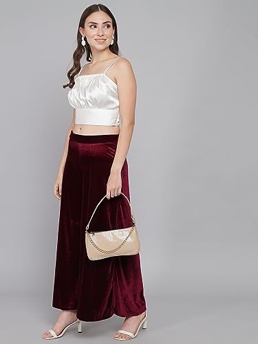 Image of Vaararo Party Trousers for Women | Shiny Velvet Fabric Wide Bottoms Stylish Palazzo Pants