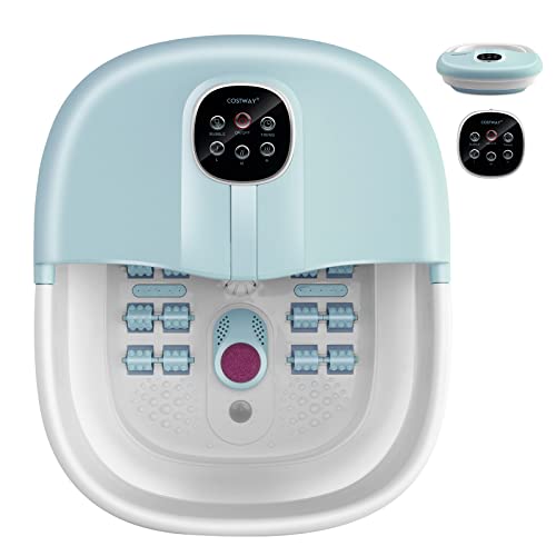 COSTWAY Foot Spa Bath Massager, Folding Electric Pedicure Footbath with Heat Bubbles, Timer, Adjustable Temperature, Pumice Stone and Massage Rollers, Home Foot Soaking Tub for Relief (Light Blue)