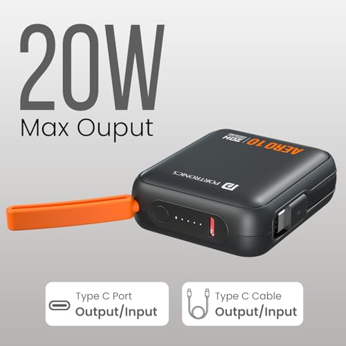 Image of Portronics Aero 10 10000 mAh 20W Fast Charging Mini Power Bank with Detachable Type C Cable, Type C PD Input /Output Port, LED Indicator, Wake Up Button, Strong Lanyard, Light Weight (Black)