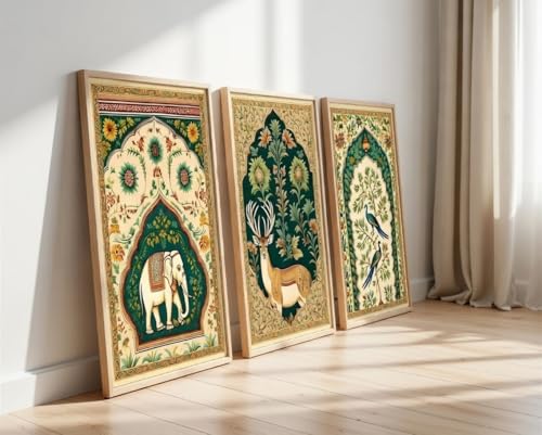 Image of Artify Set of 3 Traditional Mughal Animal Bird Wall Paintings for Living Room Bedroom Home Decor with Premium Wooden Color Synthetic Frame