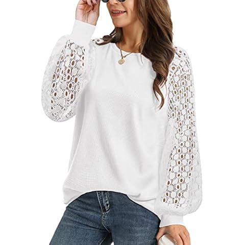 YESNO Women’s Long Sleeve Tops Jumpers Casual Loose Crew Neck Hollow Lace Raglan Knit Pullover Tee Blouses S TY3UK White Cover