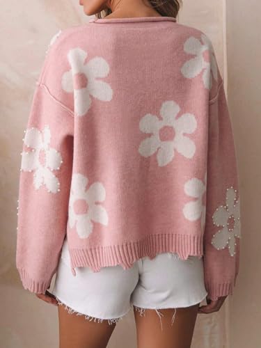 Image of Women's Cute Heart Sweater Love Print Valentine Romantic Knitted Top Casual Crewneck Long Sleeve Sweaters Pullover