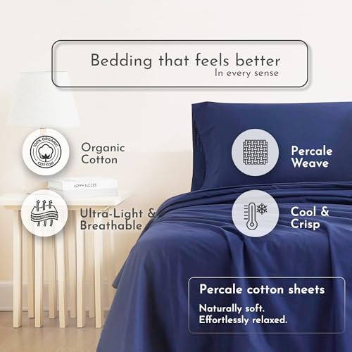Image of Linen Closet 100% Organic Cotton Twin Sheets Set, 3 Pieces, Navy - Percale Bed Sheets & Pillowcases Set - Up To 14 inch Deep Pocket Fitted Sheet - Cooling, Crisp & Breathable - For Hot Sleepers