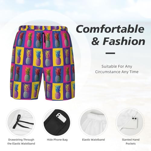 Men's Colorful Pineapple Pattern Print Quick-Dry Mesh Swim Trunks Stretch Lining Beach Shorts Surfing Summer Vacations4