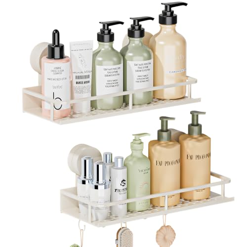 Estante Baño Ventosas,2 Piezas Estanteria de Ducha sin Taladros con 5 Ganchos,Carga Max de 10 kg,Instalación Rápida,Impermeable y Desmontable Organizador Baño para Champú/Jabonera y Gel de Baño blanca