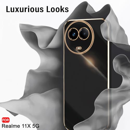 Image of TheGiftKart Luxurious Golden-Plated Back Cover Case for Realme 11 / 11X 5G / C67 5G / Narzo 60X 5G | Raised Lips for Camera & Screen Protection | Shockproof Design | Stylish Back Cover (TPU, Black)