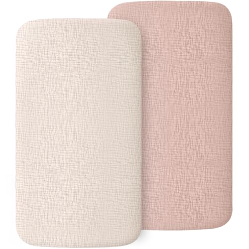 Image of MairMore 2 Pack Muslin Fitted Bassinet Sheets for Babies, Soft & Breathable 100% Cotton Bedside Sleeper Bassinet Sheet, Moses Basket Oval Rectangle Pad/Mattress (Pink)