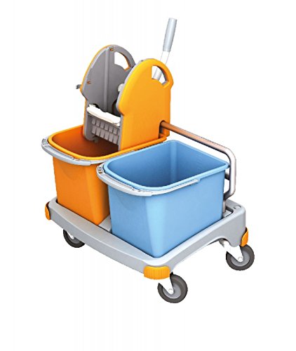 kleiner Reinigungswagen in orange und blau mit Moppresse und 2 Plastikeimern