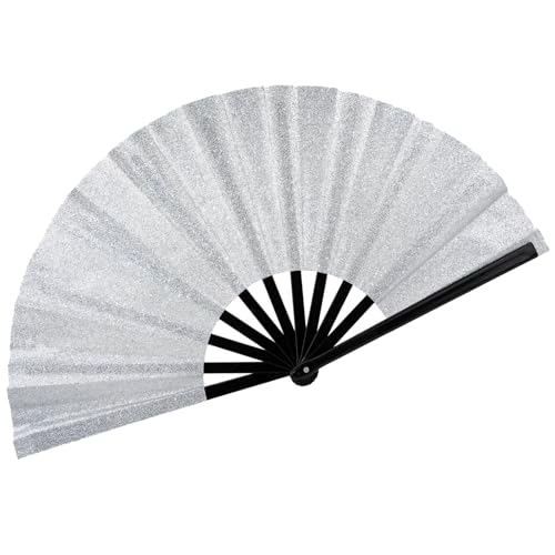 13\" Glitter Large Rave Fans Clap Fans for Line Dancing Folding Clack Handheld Foldable Decorative Fans Hand Fan for Dance, EDM Music Festivals & Parties(Silvery)