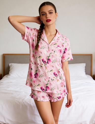Marvmys Women Cute Reffle Pajamas Set Button Down 2 Piece Pjs Short Sets Summer Soft Lounge Set with Pockets Pink Floral M - image 3