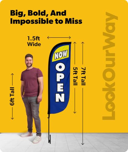 Image of LookOurWay Feather Flag Pole Kit - 7 Feet Tall Advertising Banner with Fiberglass Pole Set and Ground Spike for Business Promotion - Open Flags - Now Open Blue & Yellow