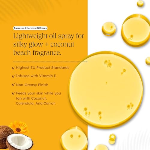 Image of Carroten Intensive Tanning Oil Spray | Browning Oil Tan Accelerator | Vitamin E with Carrot & Coconut Oils | Water-Resistant, Silky Hydration | Coconut Fragrance | Made in Greece | 6.7 oz + Wipe