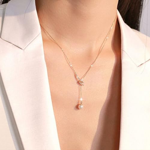 Pearl Necklace for Women 925 Sterling Silver Pearl Drop Y Necklace with Cubic Zirconia Crystal Ball Sparkle Necklace for Brides Adjustable Wedding Necklace Birthday Everyday Jewelry4