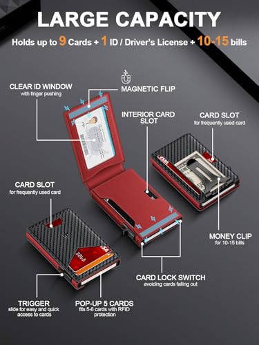 Image of Wallet for Men, Slim Minimalist Wallet with Money Clip&ID Window, RFID Blocking Pop-Up Credit Card Holder, Smart Auminum Mens Wallet Holds 9-13 Cards (Gift Box) (Carbon Fiber & Red)