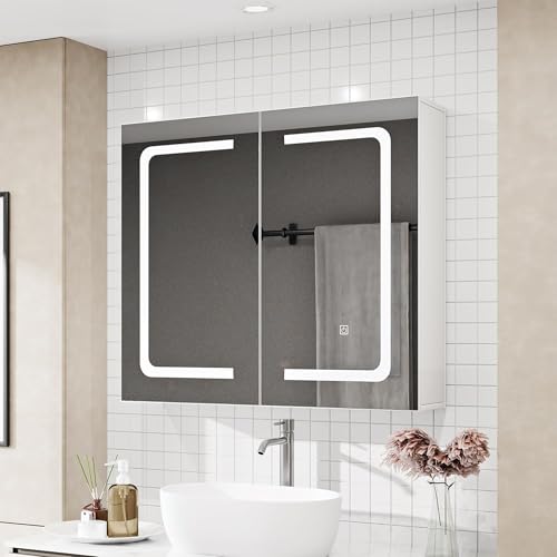 ALEAVIC Spiegelschrank Bad mit Beleuchtung 70x60cm Breit mit Razors Steckdose und 2 USB Buchsen,...