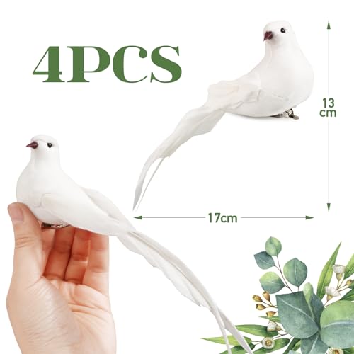 BETESSIN 4Pcs Künstliche Taube Vogel Deko Figuren Künstliche Vögel Deko mit Clip Weiß Vogelfigur mit Halterungsklammer Mini Vogel Dekofigur für Garten Frühling Deko Party Dekoration