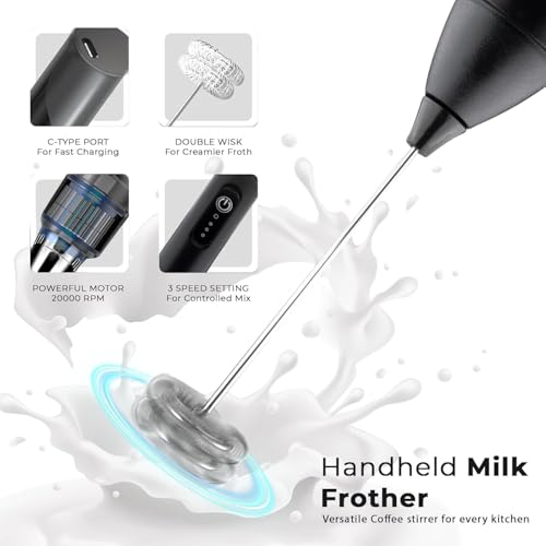 Image of Coffee Frother Electric with 3 Speed Modes, USB Rechargeable Stainless Steel Whisk for Coffee, Cappuccino and Matcha, Single Whisk Design