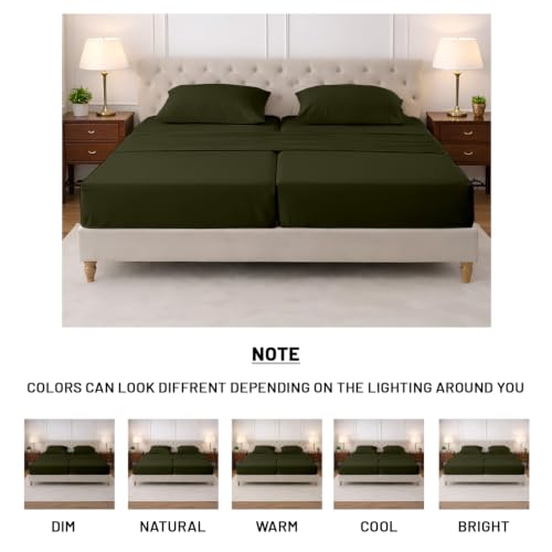 Image of SGI Split King Sheet Set for Adjustable Bed Egyptian Premium Cotton 600 Thread Count Sheets for Sleep Number Bed 15 inch Deep Pocket 5 Pc Set with 2 Twin XL Fitted Sheets Soft Breathable - Olive Green