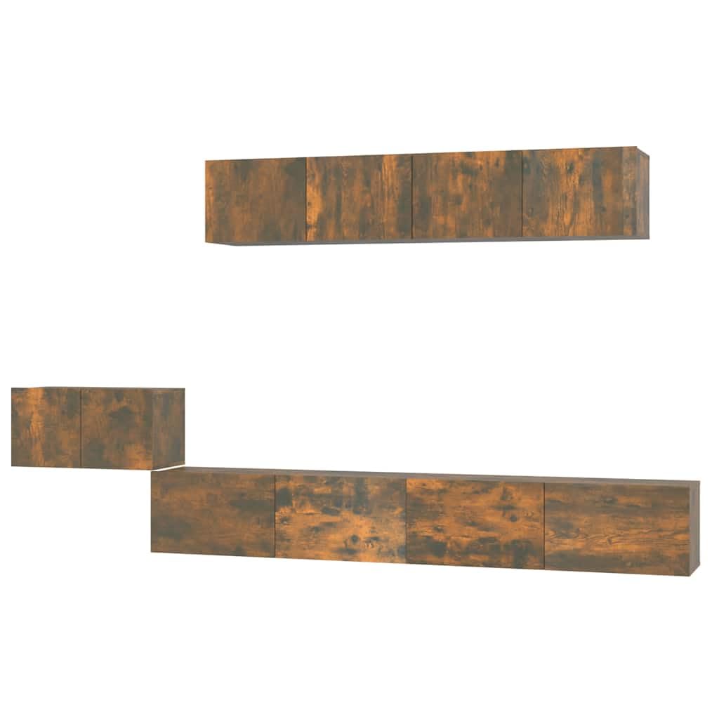 5-TLG. TV-Schrank-Set Räuchereiche Holzwerkstoff, Hängendes Lowboard für Wohnzimmer, Modernes Media Center mit Stauraum, Einfache Wandmontage