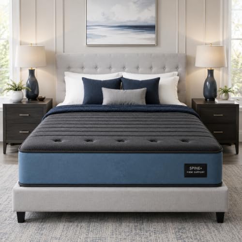 Orth0Posturegenic Extra Firm Queen Size Mattress 14 Inch, Cooling Hybrid Mattress with Back & Lumbar Support, Pressure Relief for Back Pain, Fiberglass-Free, 365-Night Trial, for Heavy People