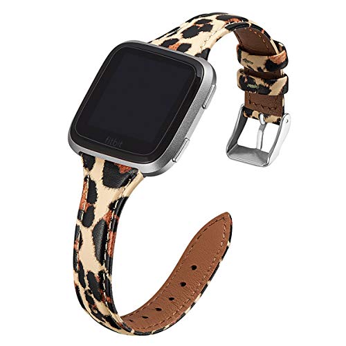WFEAGL for Versa Band, Top Grain Leather Band Slim & Thin Narrow Small Replacement Wristband Strap for Versa/Versa 2 /Versa Lite/Versa SE Fitness Smart Watch (Leopard Band+Silver Buckle)