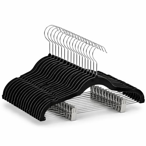 Kit 20 Cabides Slim de Veludo Preto Antideslizantes com 40 Presilhas