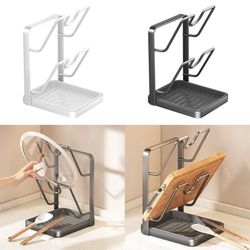 Honseadek Kitchen Organizer Pot Lid Holder with Spoon Rest - Countertop Rack for Lids, Utensils and Rags, Durable PP + Carbon Steel Construction, White(Grey) - Image 8