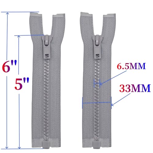 Image of MebuZip 2PCS #5 5 Inch Separating Jacket Zippers for Sewing (Grey) | Resin Zipper Molded Plastic Zippers Bulk for Sewing Jackets Coats Clothes