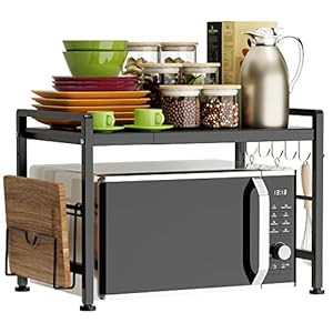 YIUKEA Extendable Microwave Oven Rack – Adjustable Kitchen counter shelf, 2 Tier Microwave Stand (L15.7~23.6″ xW12.8 xH17.7) with 6 Hooks for Kitchen Countertop Organizer (Black)
