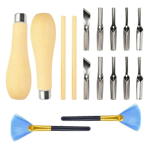 JOVIA 2 Set Lino Cutter Engraving and Stamp Lino Cutting Tools with 2 Cleaning Brushes Non-Slip Ergonomic Handles for Linoleum Block Printing Wood Carving Stamp Carving and Craft Projects