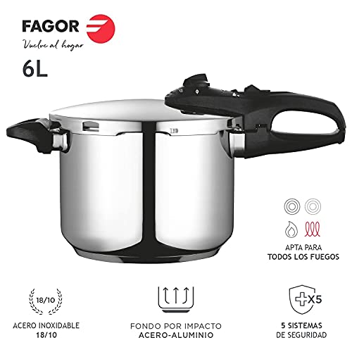 Miniatura 6 de Fagor Duo Olla A Presión Super Rápida, Acero Inoxidable 18 10, Todo Tipo De Cocinas. Fondo Termodifusor Impaksteel Máxima Resistencia, 5 Sistemas Seguridad, 2 Niveles De Presión 6l