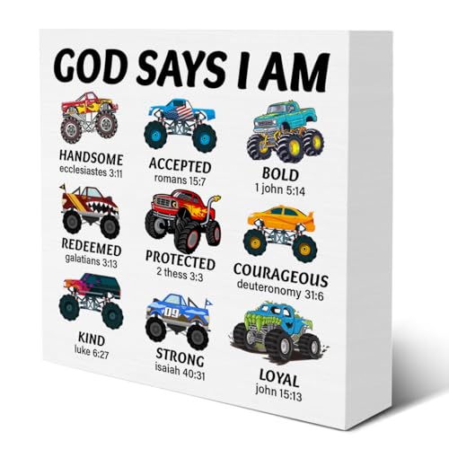 Christian Inspirational Sign God Says I Am Truck Wooden Sign Bible Verse Vehicle Car Decor for Teen Boy Room Playroom Home Bedroom Shelf 5 X 5 Inches