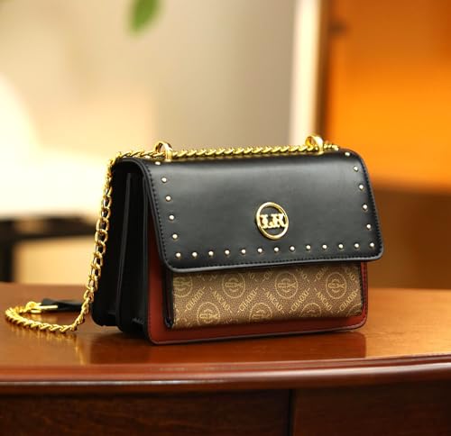 Image of Diva Dale MKF Crossbody Bag, White with Gold Chain Strap, Studded Design, Signature Logo