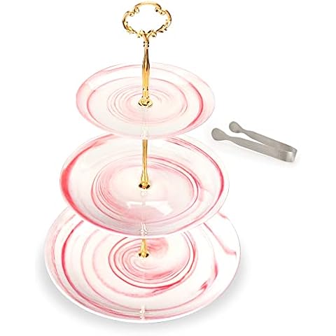 Cyimi 3 Tier Ceramic Cake Stand Marbling Tiered Cupcake Stand for Wedding Tea Party Food Server Display, Porcelain Round Display Pastry Sweet Food Rack, With Sugar Tong, Pink Cover