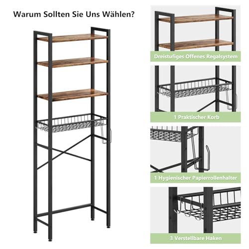 Kalrin Toilettenregal, 4-stufiges Verstellbares Multifunktionsregal für das Bad, Regal Über der Toilette mit Aufbewahrungskörben, Platzsparendes WC-Regal, Leicht zu Montieren (Vintage-Braun)