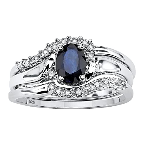 PalmBeach Platinum-plated Sterling Silver Oval Cut Genuine Midnight Blue Sapphire and Diamond Accent Bridal Ring Set Sizes 5-10