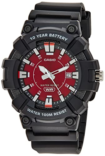 Casio Reloj indicador de fecha de batería de 10 años resistente para hombre (modelo: MW610H-4AV) (negro/rojo), Negro, Reloj de cuarzo