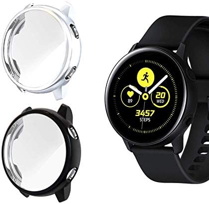 (2-Pack) KPYJA for Samsung Galaxy Watch Active Screen Protector, All-Around TPU Anti-Scratch Flexible Case Soft Protective Bumper Cover for Galaxy Watch Active 40mm Smartwatch (Black/Silver)