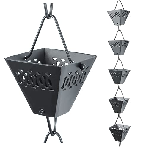 U-Nitt Rain Chains, Roof Gutter Downspout/Spout Channel, Rainwater Water Catcher/Diverter, 8.5 Feet Length, Metal, Black Powder Coated, Square Jali Cup, 3121Blk #TOP19