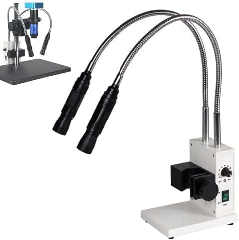 LED Fiber Optic Dual Gooseneck Lights Microscope Illuminators, Industrial Microscope Light Lamp w/Brightness & Aperture Adjustable, Lens Adapters