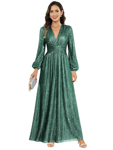 Image of Women's Formal Wedding Guest V Neck Glitter Sequins Mother of The Bride Dresses Long Sleeve