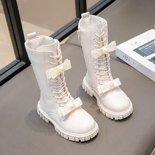 Girls Fur Lined Riding Boots Pearls Lace Up Mid Calf Combat Boots Leather Side Zipper Winter Warm Lug Sole Boot4