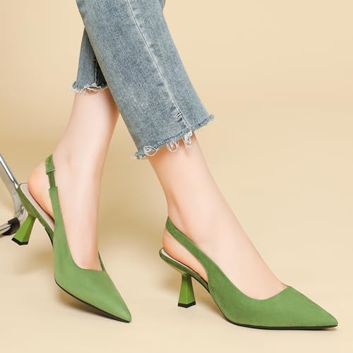 Women's Suede Pointed Toe Closed-Toe Slingback Pumps Fashionable One-Foot Elastic Strap Kitten Heel Muller High Heels Wedding Work Dress Shoes4