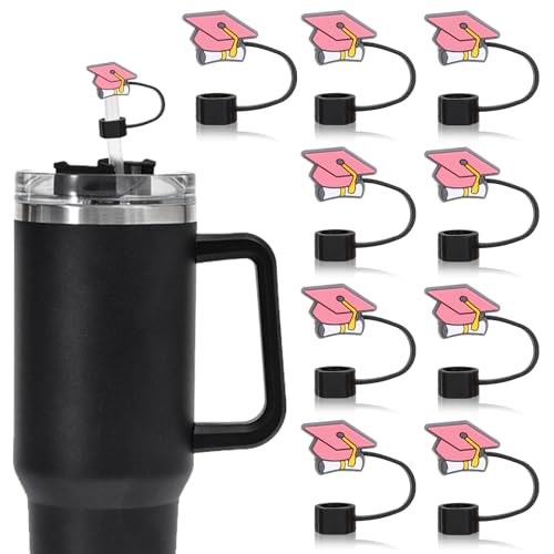 Whaline 10 Pcs Graduation Cap Straw Cover Cap Pink Grad Hat Straw Protector Lid Congrats Grad Reusable Straws Topper for 0.4 Inch Straws, Cup Accessories