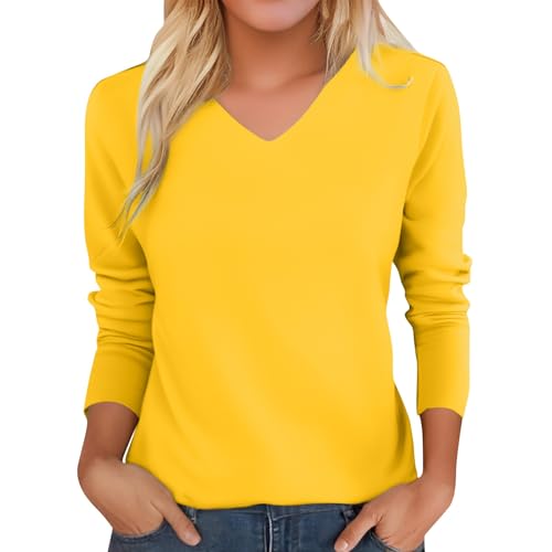 Womens Tops, 3/4 Sleeve Shirts V Neck Solid Basic Lightweight Loose Fall Tunic Shirts for Women Clothes Business Casual Wine Red Tops Button Down Blouse (XXL, Yellow)
