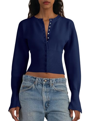 Image of Saodimallsu Womens Cropped Sweaters Cardigan | Button Down,Long Sleeve,V Neck,Ribbed Knit,Slim Fit ,Pullover Crop Tops